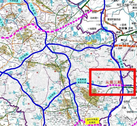 红色线框部分即为从莞高速清溪支线东莞规划的"五纵四横六连"高速公路