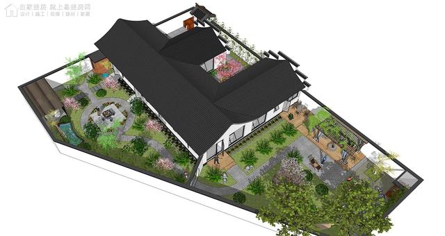 质朴,淡雅徽派住宅梯形基地划分四个主庭院