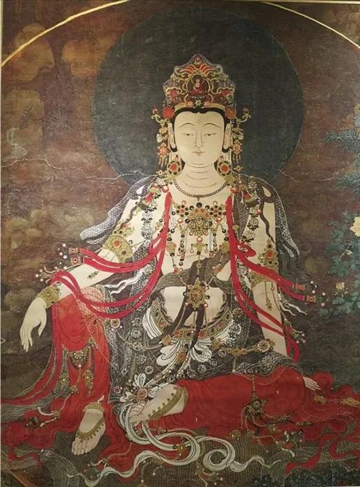 殿内迎面扇面墙前后(南北)各有三铺,北边一侧绘有水月观音(图1),文殊