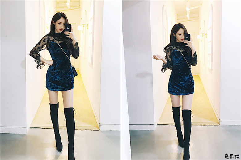 孙允珠：真丝透视珠光蔷薇公主吊带裙