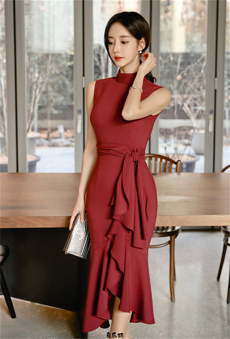 孙允珠：美酒枣红佛拉明哥曼妙无袖裙